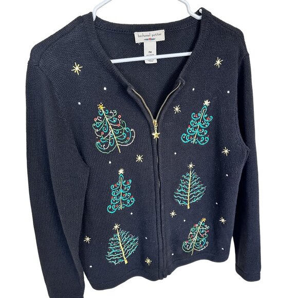 Bechamel Petites Womens Holiday Sweater Cardigan PM Black Christmas Tree Zip Up - Picture 1 of 5